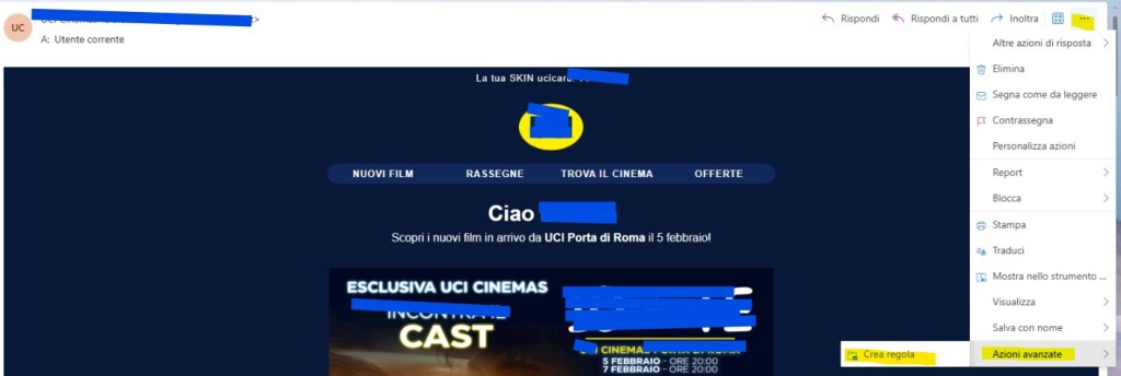 crea regola da dentro il corpo email