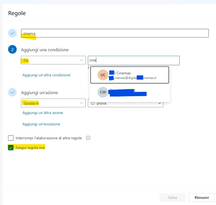 parametri configurazione e creazione regla outlook