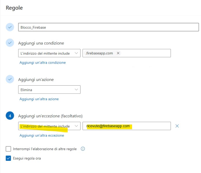 eccezzione regola outlook
