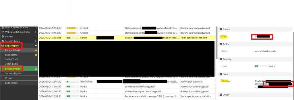 Interface Log & Report Firewall. Check Log in the System Events. check message user send.