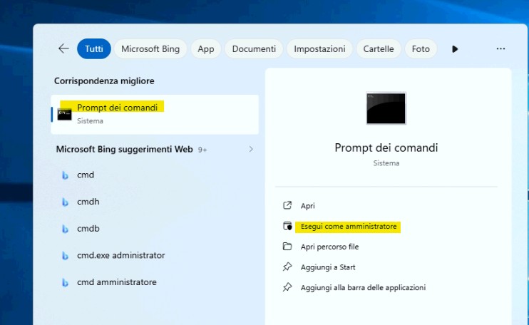 cercare ed eseguire il prompt dei comandi o cmd come amministratore