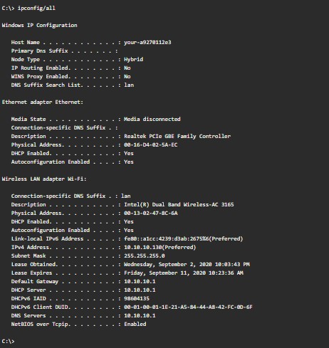 ipconfig /all 