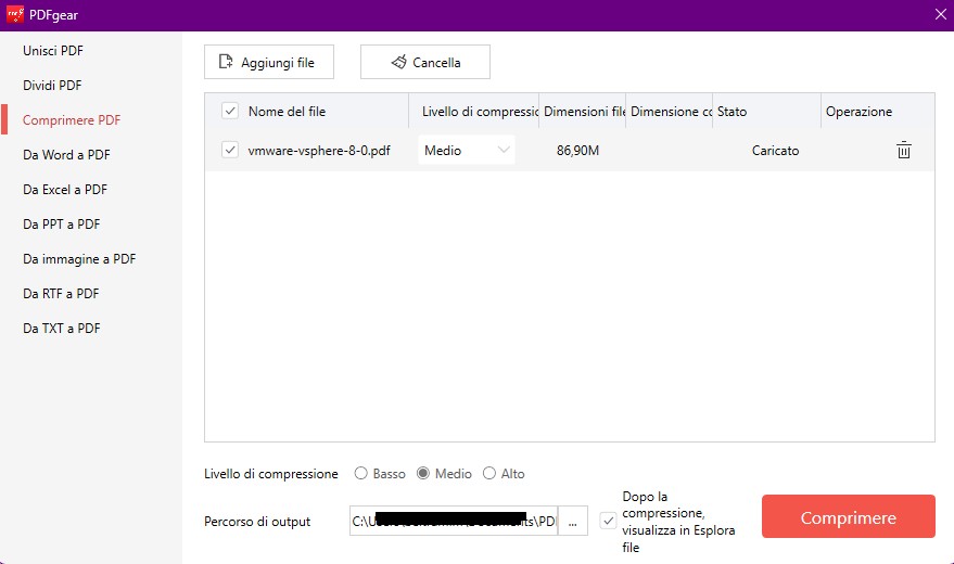 compressione del file pdf con pdfgear 