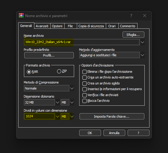 dividi in volumi con dimensione desiderata