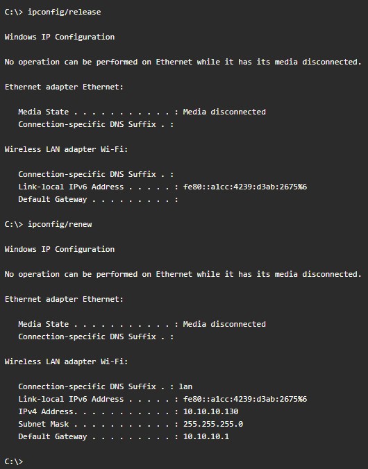 ipconfig/release rilascia una nuova configurazione con dhcp impostato sulla rete in automatico se attivo.