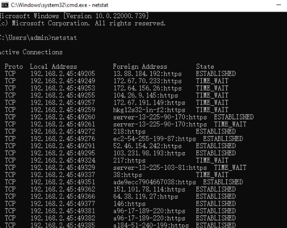 comando netstat colonne con protocollo tcp local address ip della tua macchina con porta utilizzata foreign address è l'indirizzo del server remoto state se la connesisone è established , time_wait