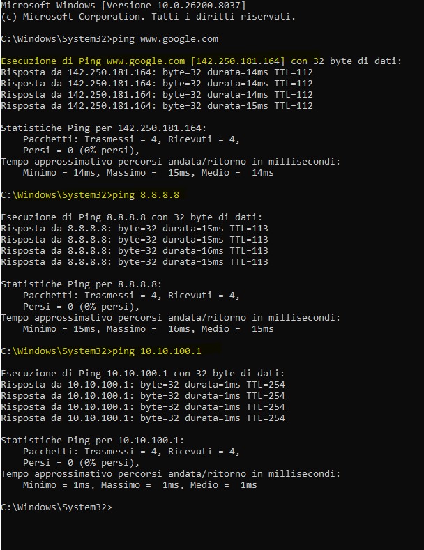 ping verso dns google 8.8.8.8, ping veros il gateway della tua rete. ping verso il nome del servizio esempio www.google.com