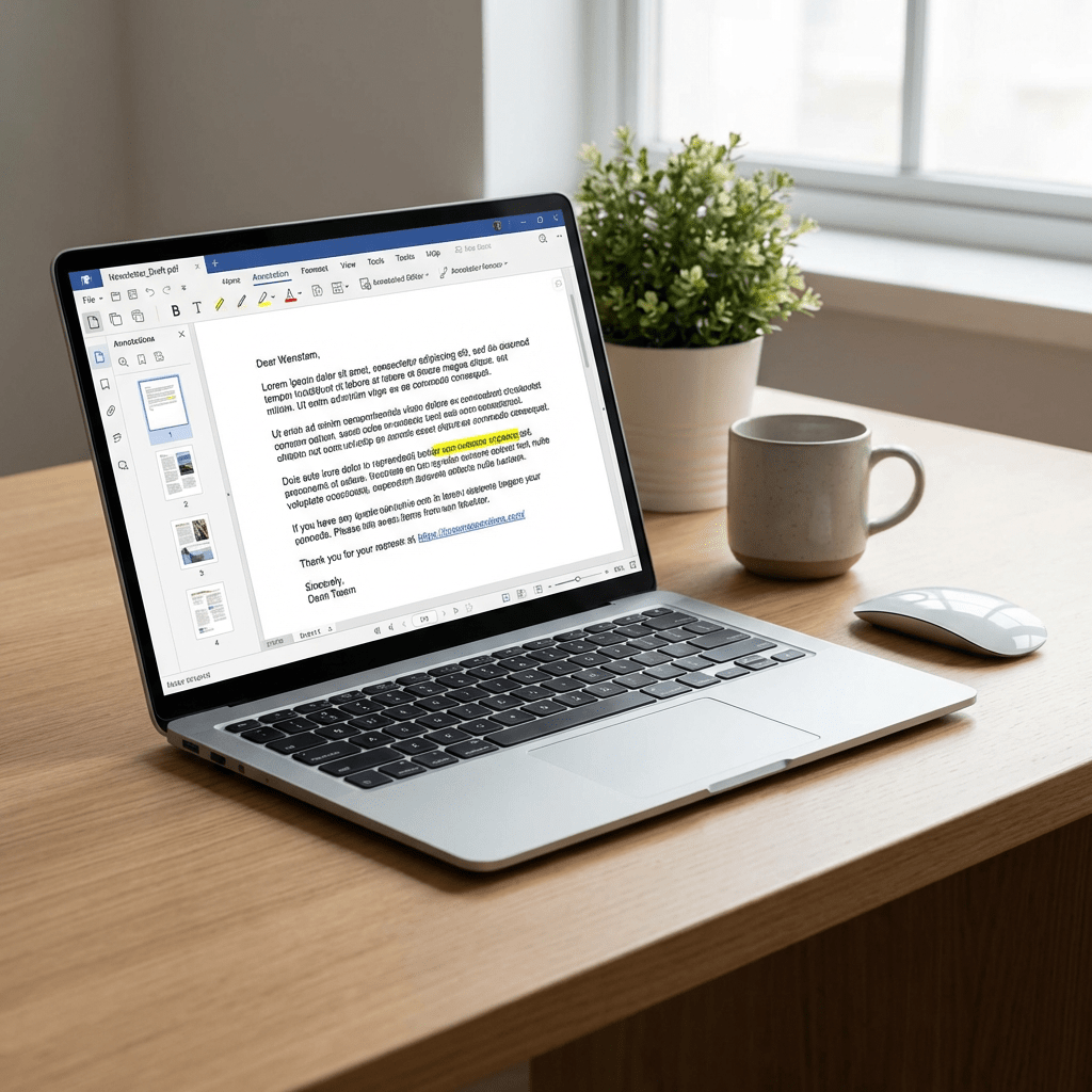 Laptop screen showing Newsletter_Draft.pdf document addressed to Dear Wenstam from Dean Team.