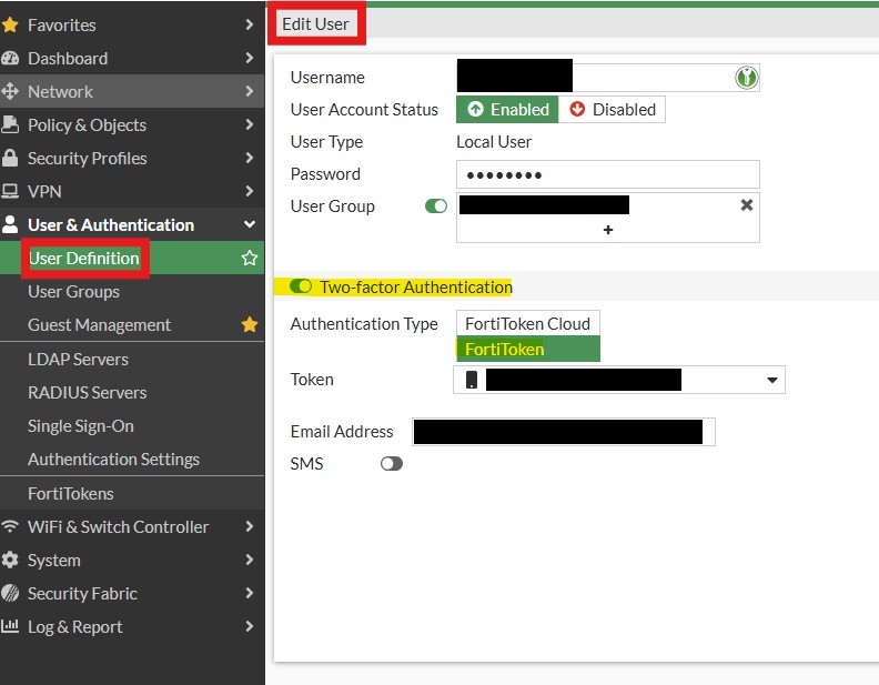 interface user definition , edit user select. remove two-factor Authentication Fortitoken