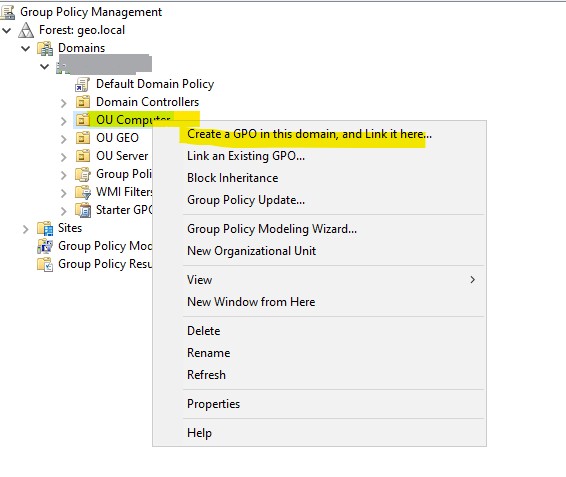 Create a GPO in this domain, and Link it here