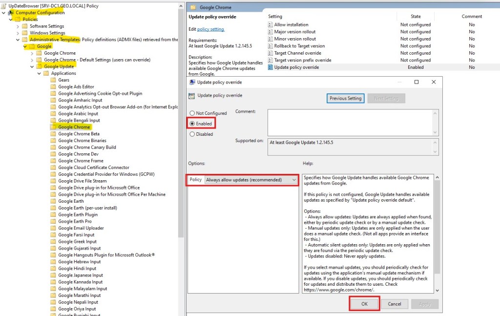 Path Computer Configuration, Policies, Administrative Templates, google, google Update, Applications, google Chrome