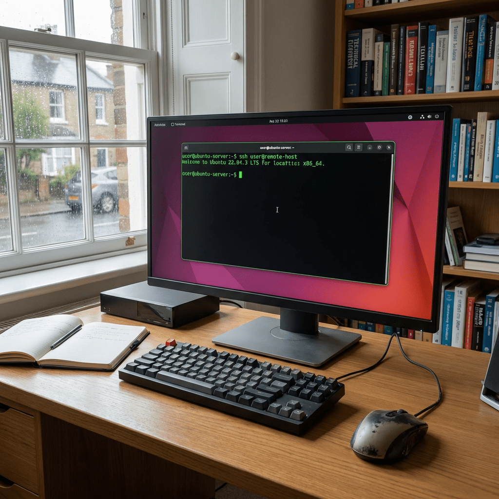 Monitor showing Ubuntu terminal with SSH command: ssh user@remote-host and welcome message for version 22.04.3.