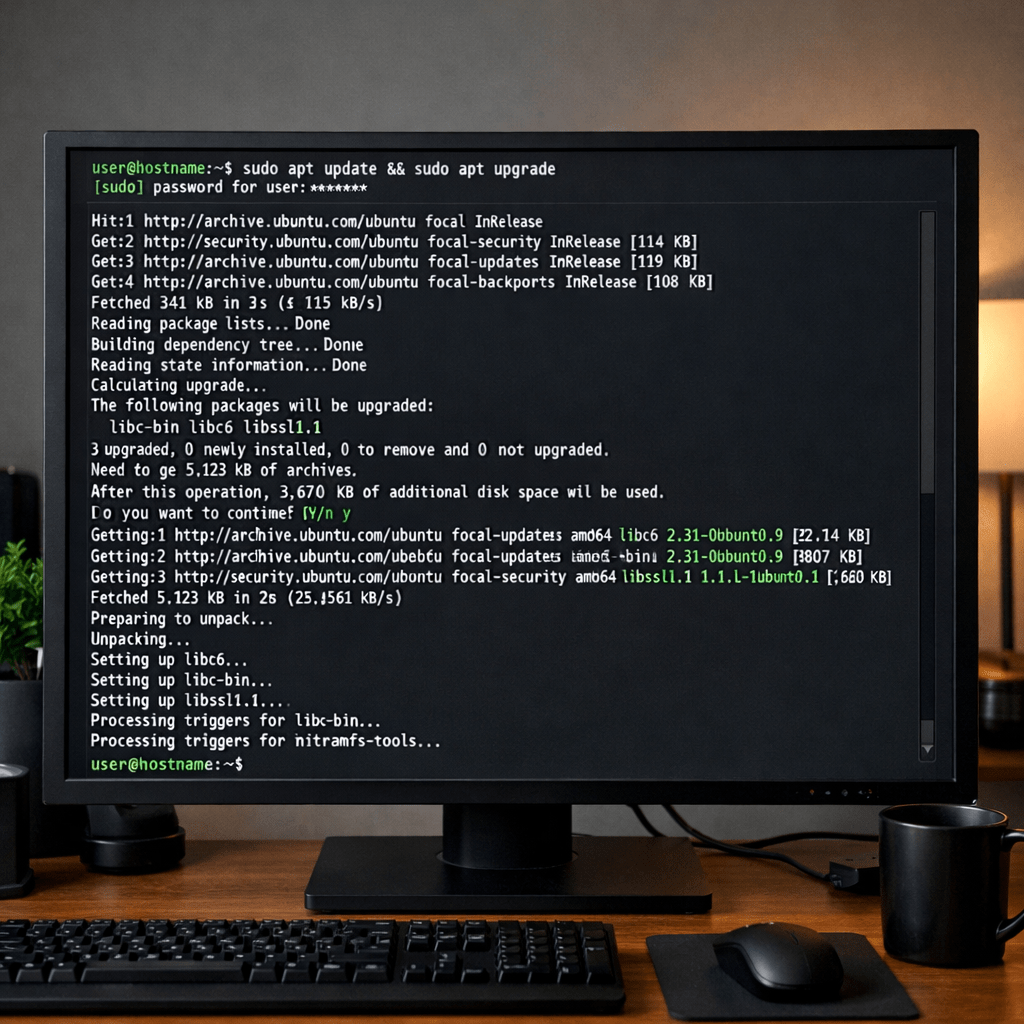 Linux terminal running sudo apt update and upgrade commands