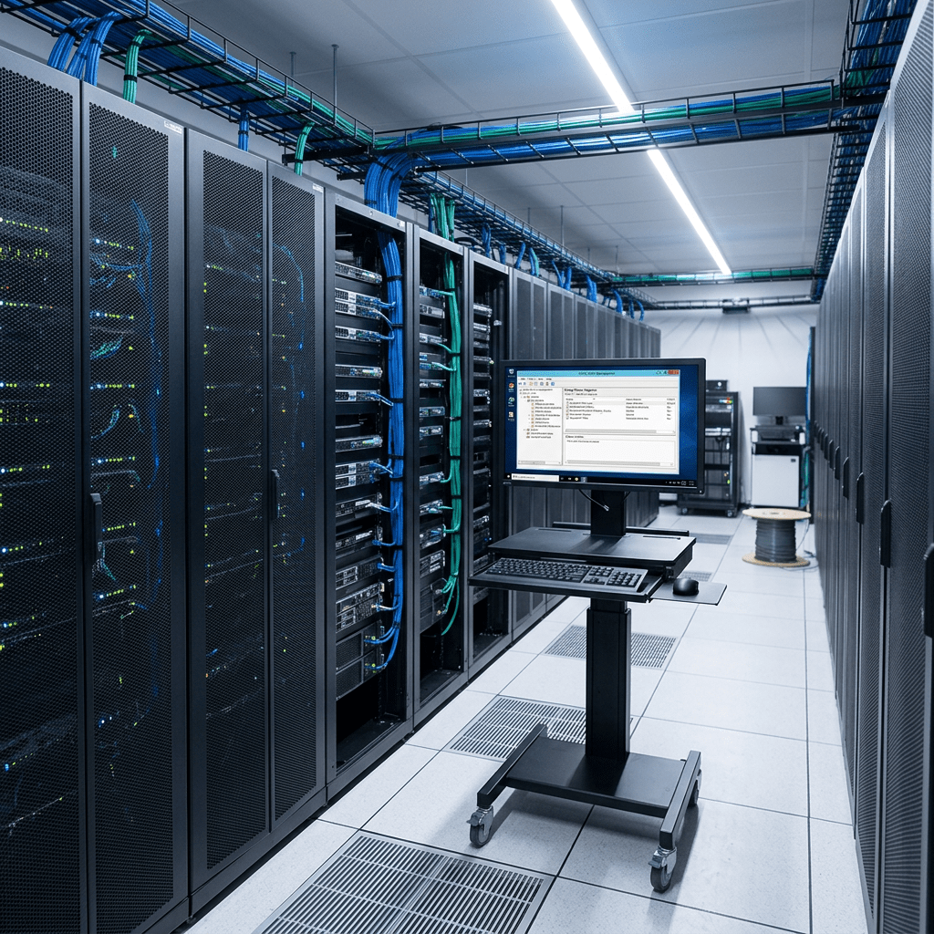 Mobile workstation with monitor and keyboard in aisle between server racks in data center