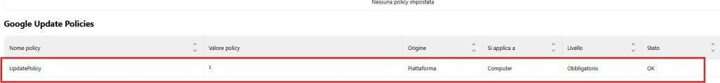 UpdatePolicy valore 1 value 1 state Ok
