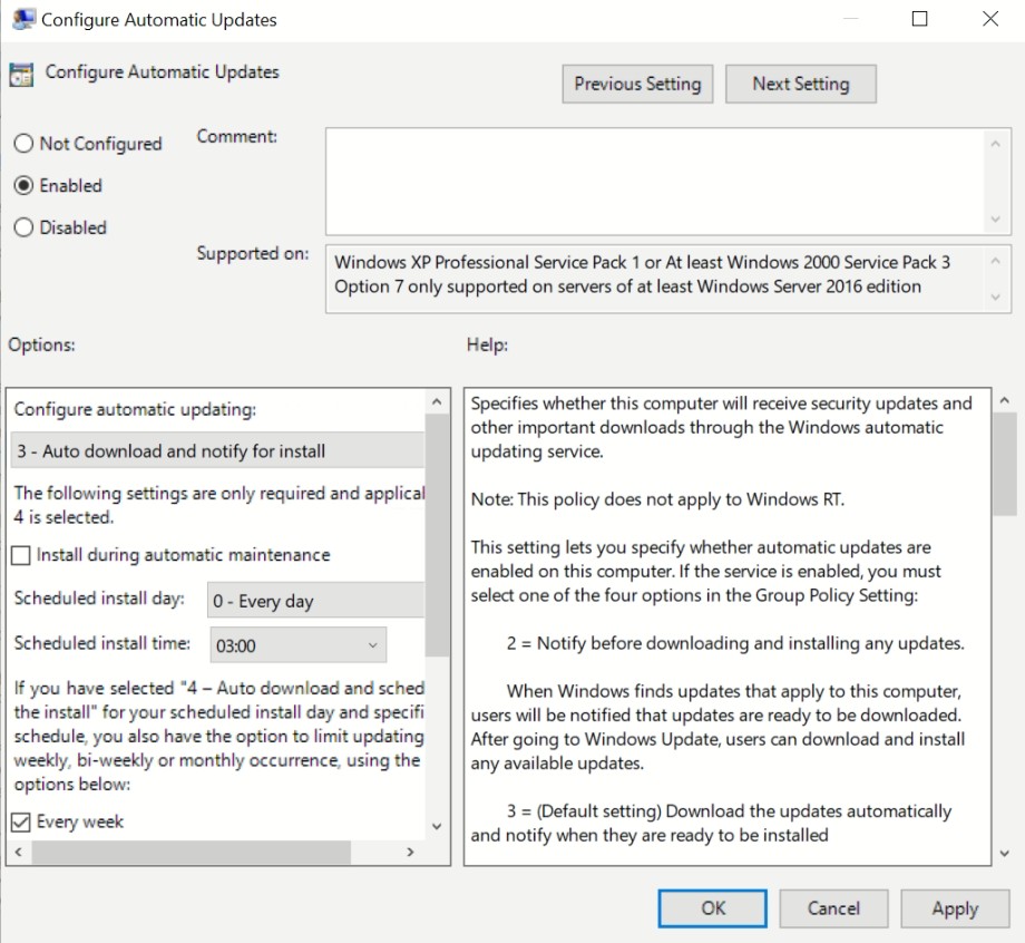 disabilita gli aggiornamenti automatici - Configure Automatic Updates