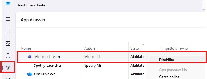 disabilitare o abilitare App di avvio su windows 