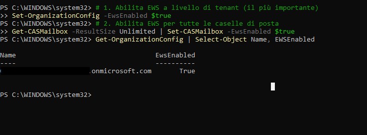Abilitazione EWS a livello di tenant, abilitazione EWS per tutte le caselle di posta.