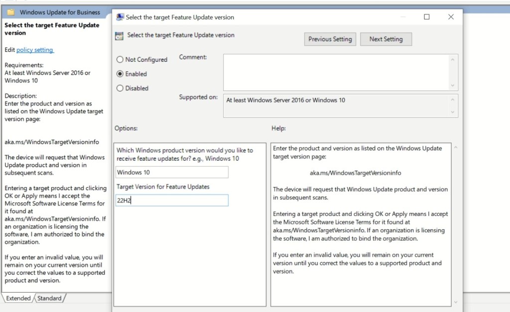 Select the target feature update version