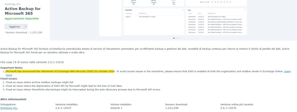 Active backup for Microsoft 365, app del NAs Synology