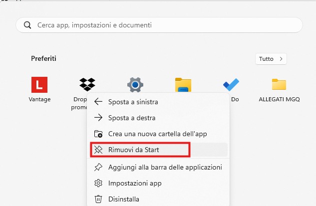 Rimozione app da start e dal desktop