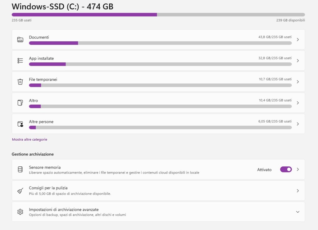 controllo spazio e gestione del disco da impostazioni sistema archiviazione file