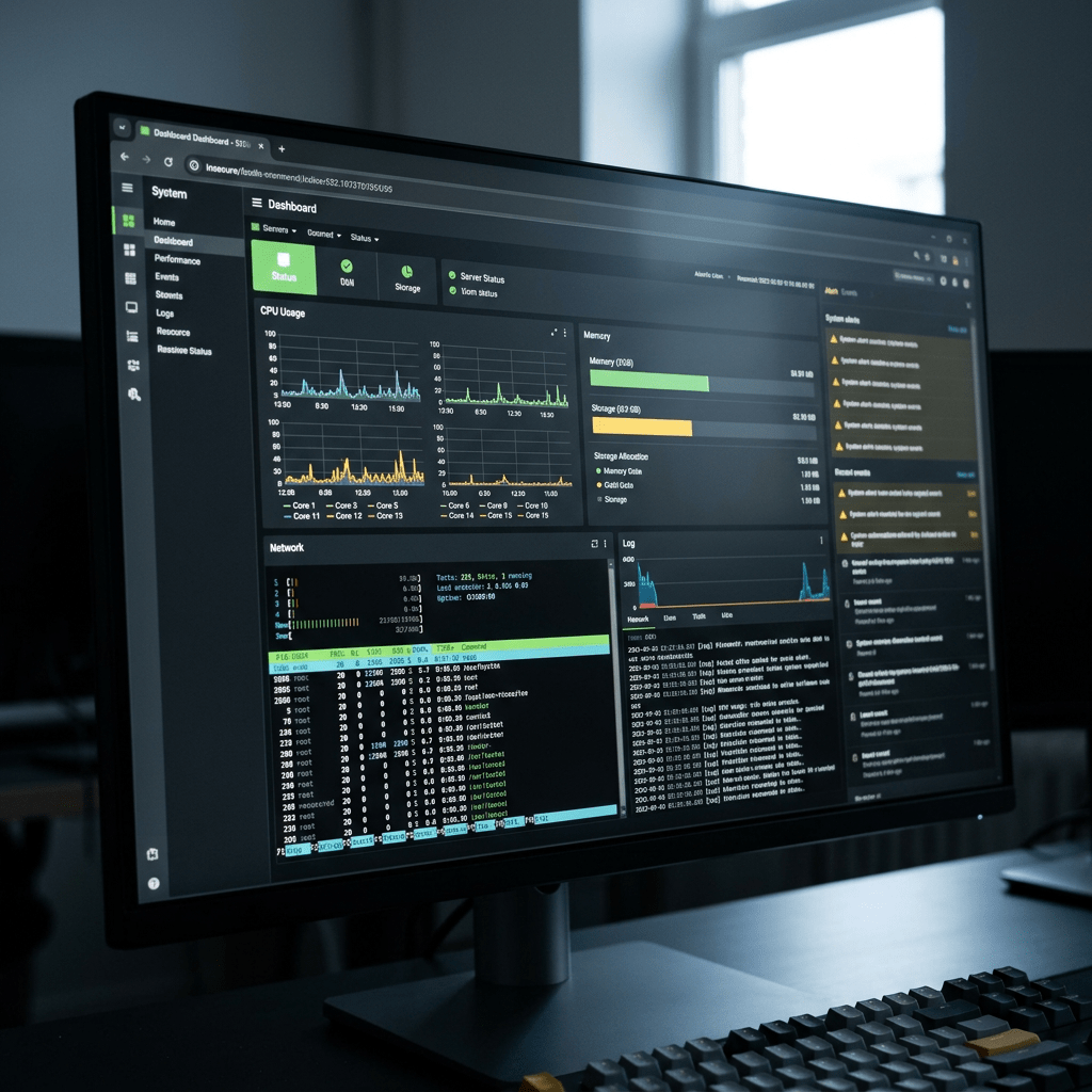 Server performance dashboard showing CPU usage, memory, storage, network status, logs, and system alerts