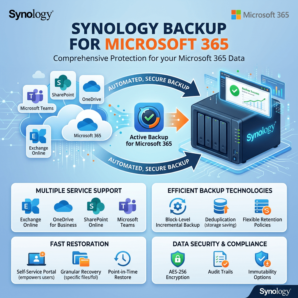 Synology backup for Microsoft 365 showing supported services and features