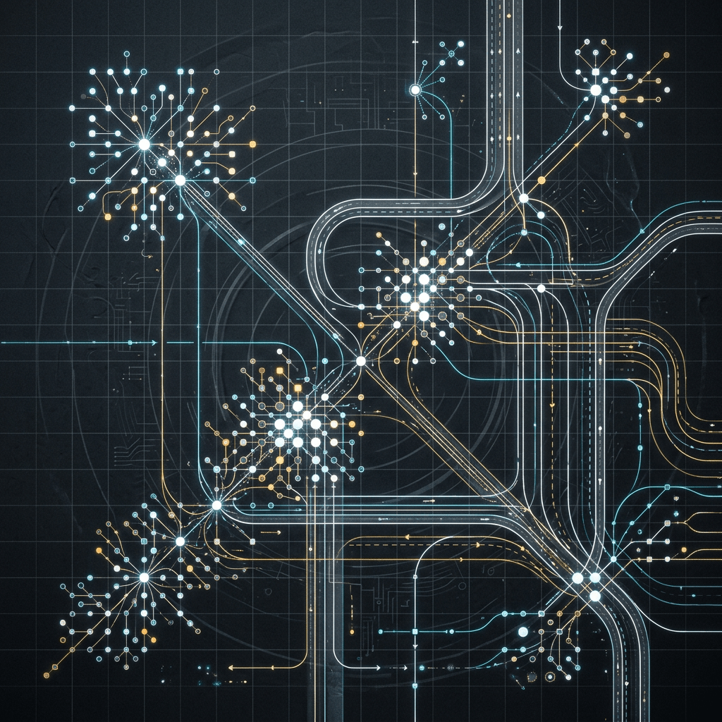 Abstract schematic of interconnected nodes and pathways representing a digital network.