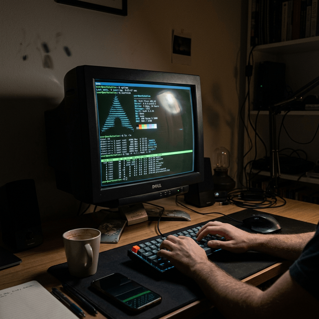 Hands typing on a keyboard in front of a CRT monitor showing Arch Linux terminal