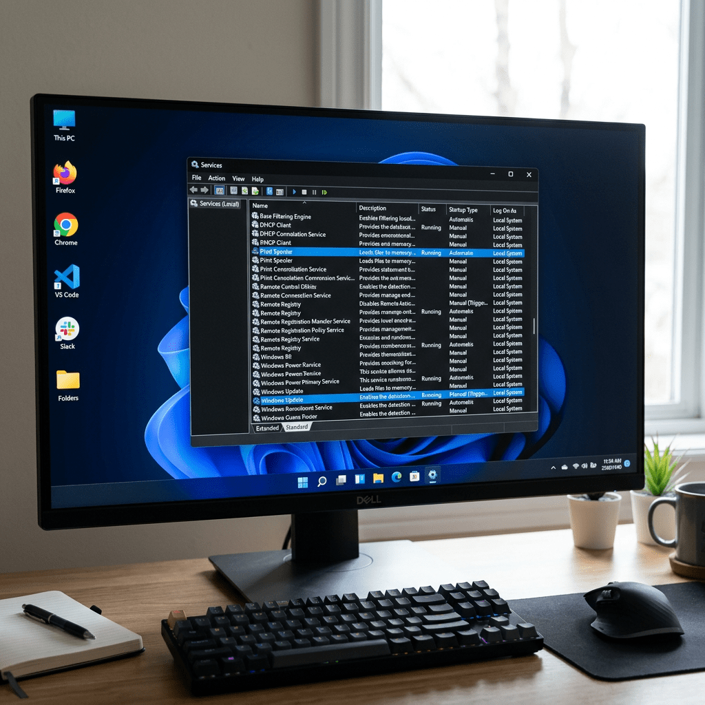 Windows 11 desktop screen showing Windows Services application with various services and statuses