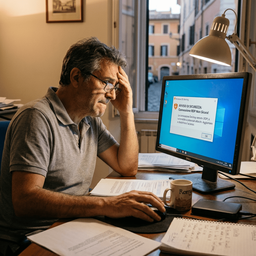 Man sitting at desk looking at computer with security warning about unsafe Remote Desktop connection in Italian