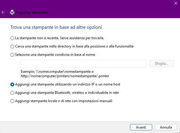Aggiungi una stampante utilizzando un indiirzzo IP o un nome host