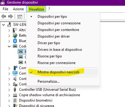 Gestione dispositivi Mostra dispositivi nascosti