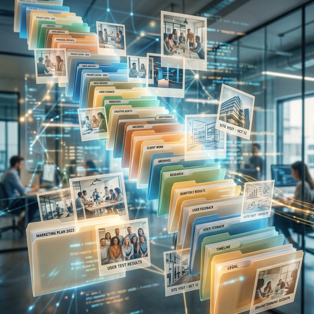 Floating digital folders labeled with project and archive names, accompanied by images of people collaborating in an office.