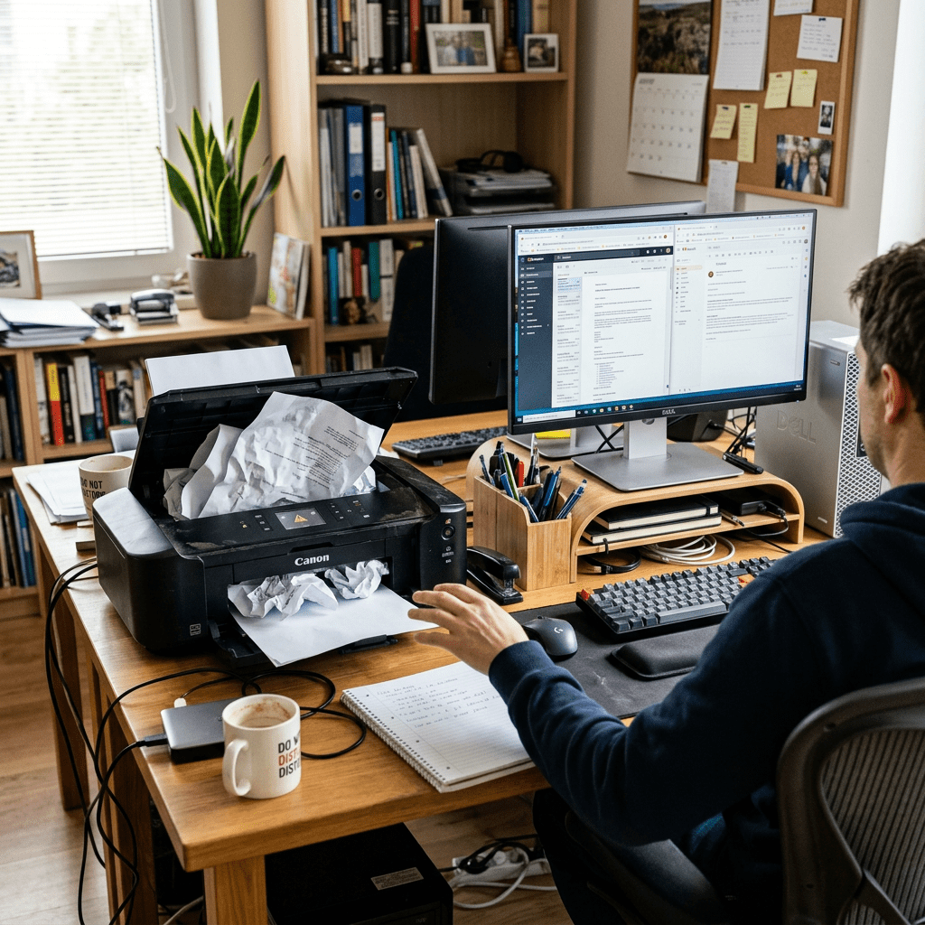 Home office desk with a jammed Canon printer spitting out crumpled paper and a person seated at a computer