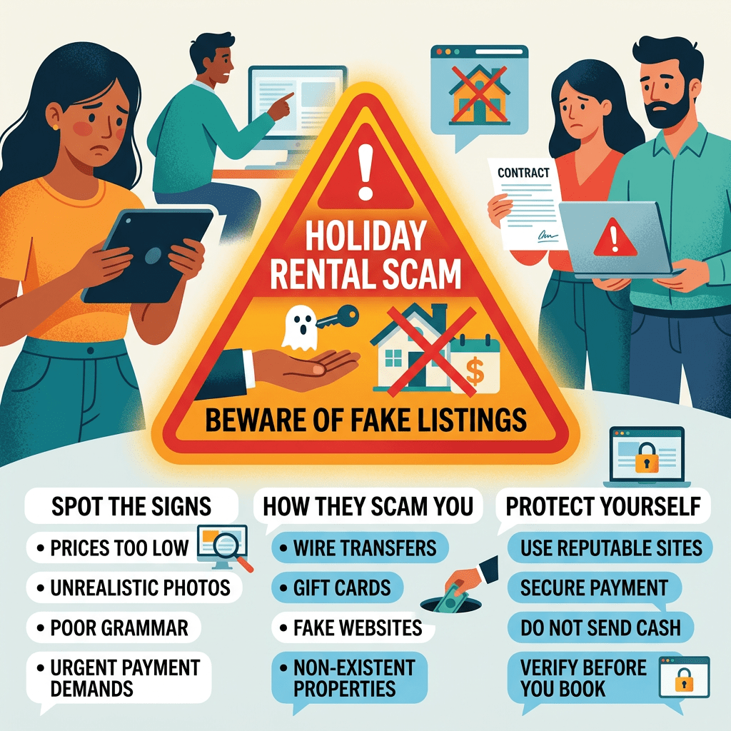 Warning sign about holiday rental scams with tips to spot signs, how scams occur, and protection advice