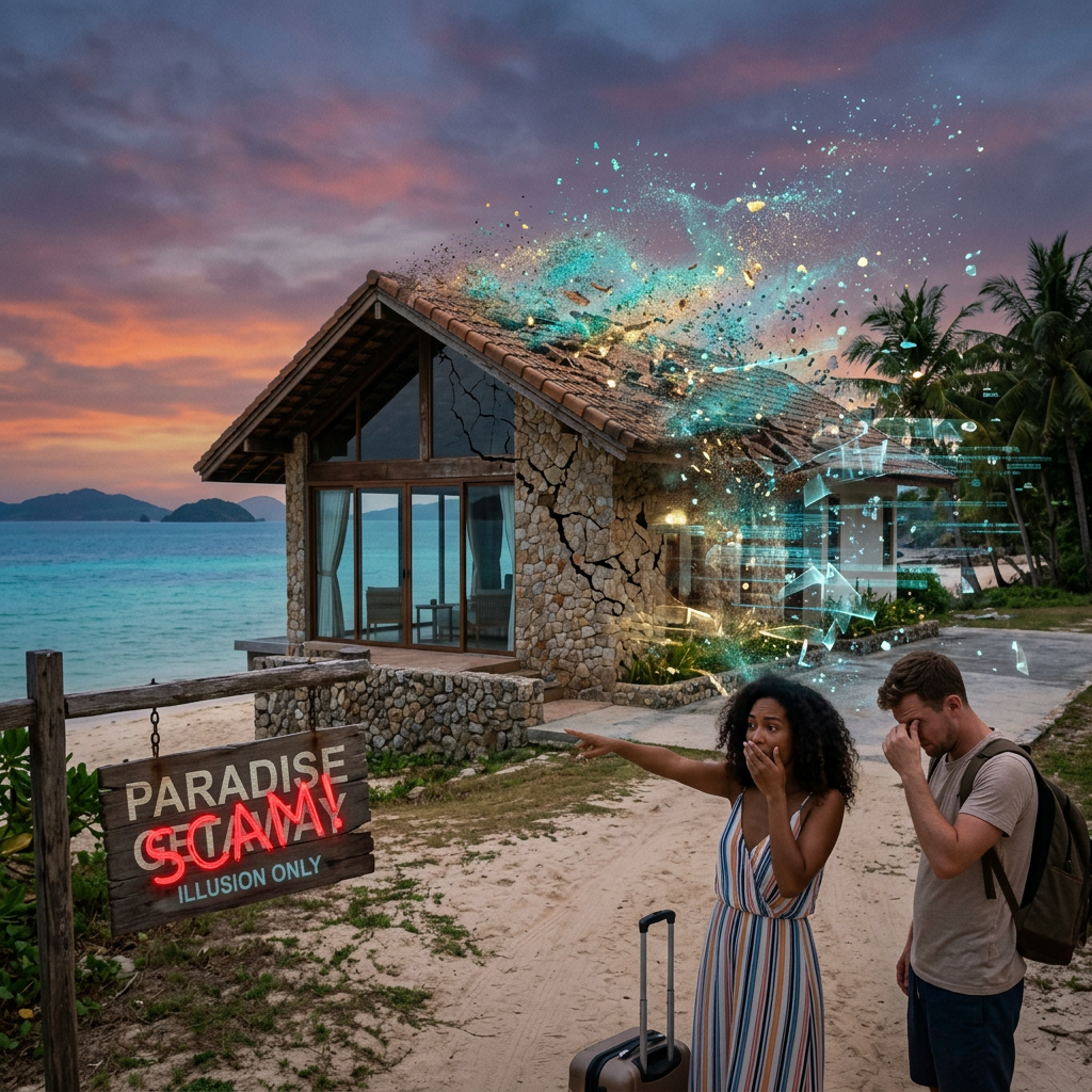 Couple shocked as vacation rental disintegrates with 'SCAM' sign on beach