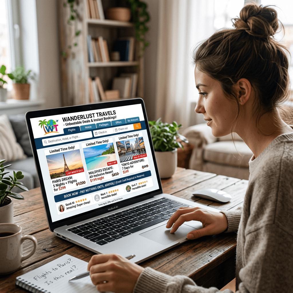 Fake booking platform website on laptop screen