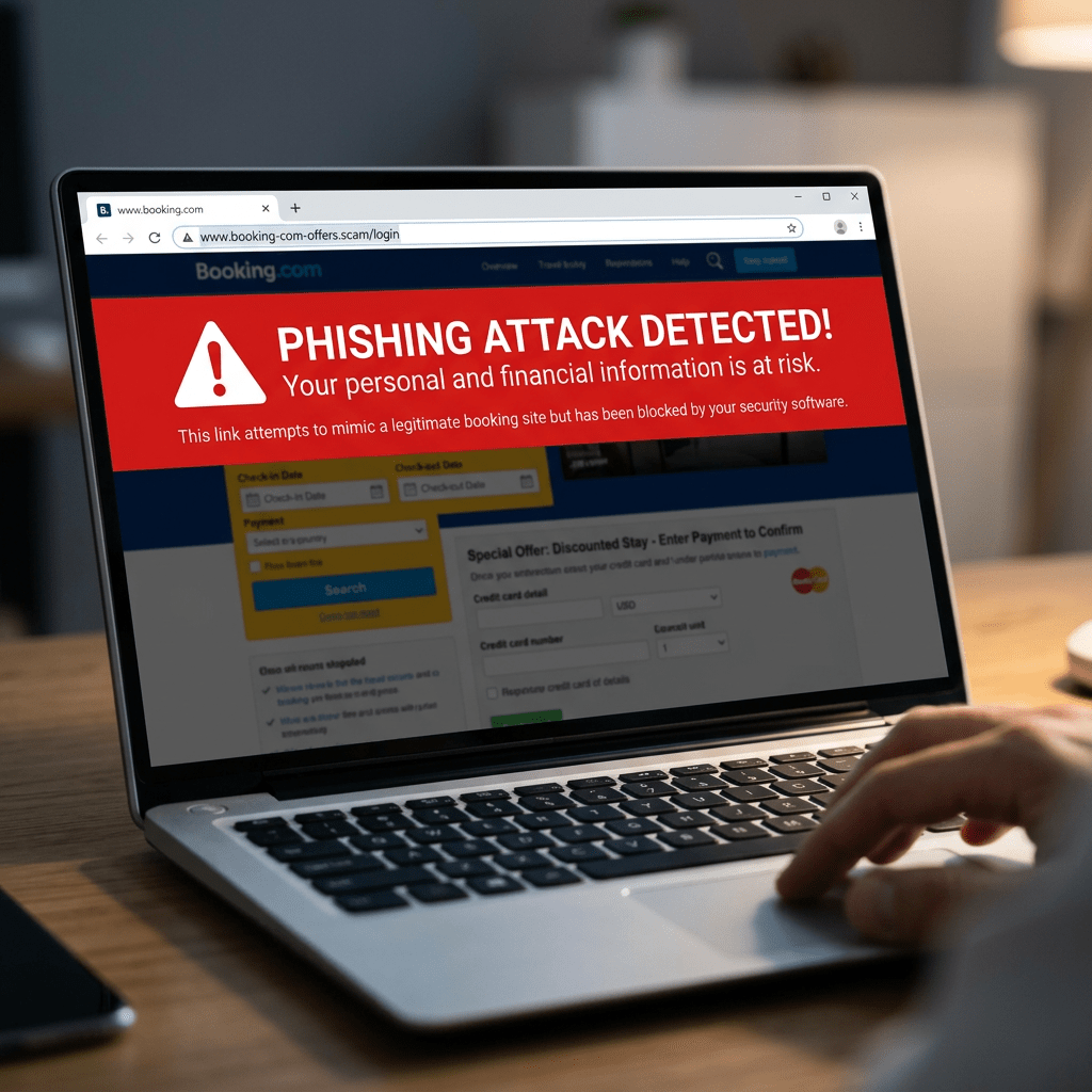 Fake booking link phishing warning scene