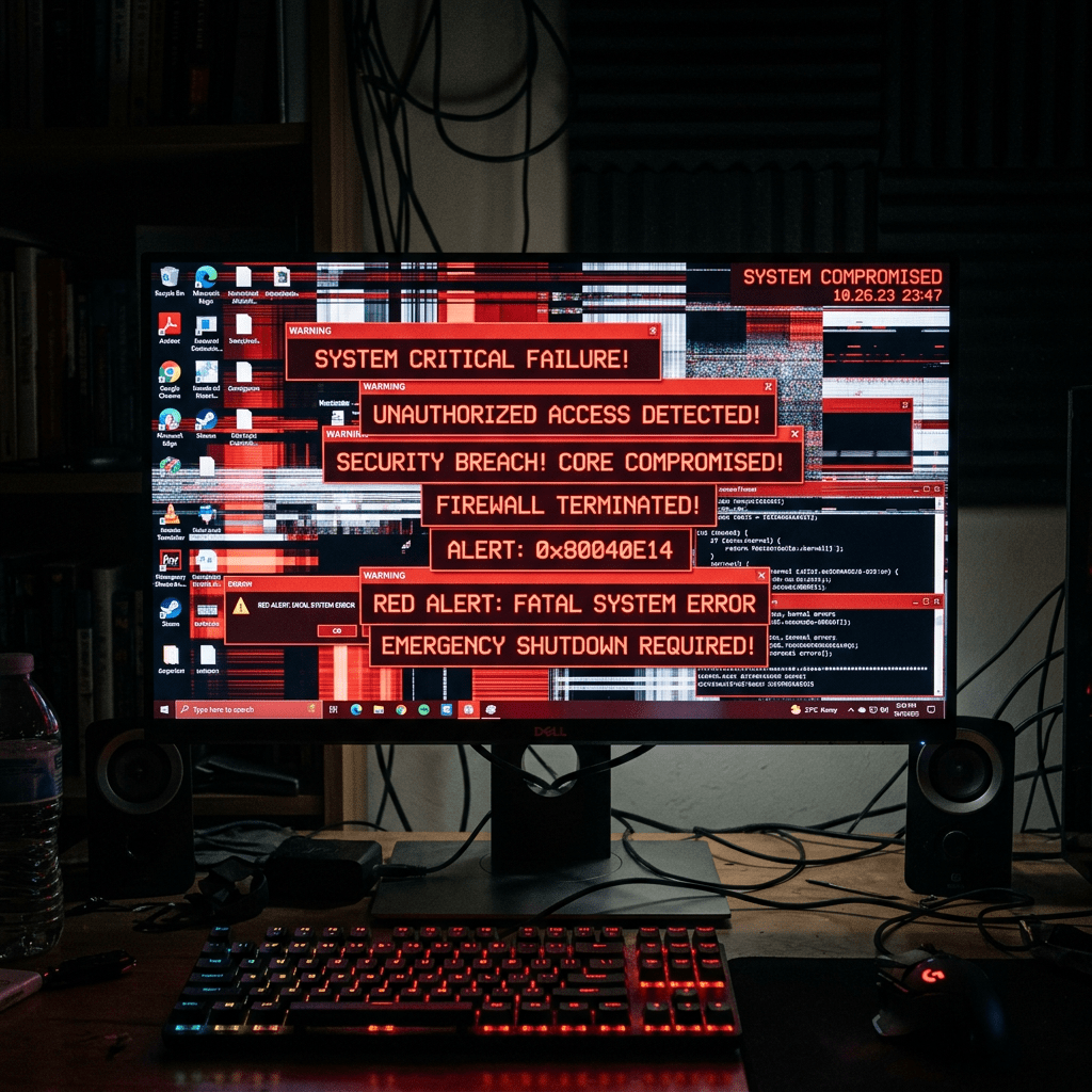 Computer screen showing multiple red warning messages: SYSTEM CRITICAL FAILURE, UNAUTHORIZED ACCESS DETECTED, SECURITY BREACH CORE COMPROMISED, FIREWALL TERMINATED, ALERT 0x80040E14, RED ALERT FATAL SYSTEM ERROR, EMERGENCY SHUTDOWN REQUIRED