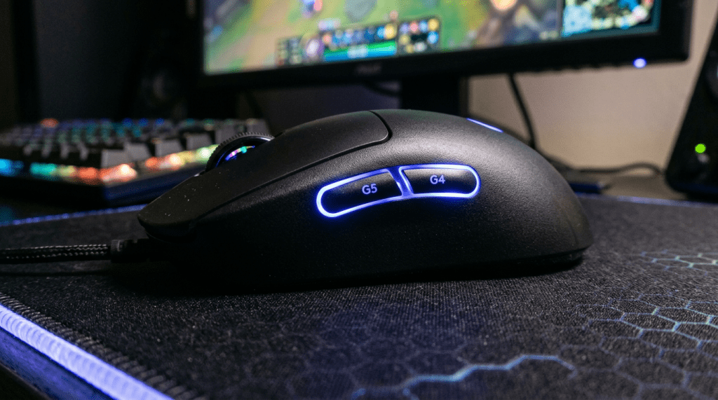 Black gaming mouse with blue illuminated G4 and G5 buttons on a mouse pad