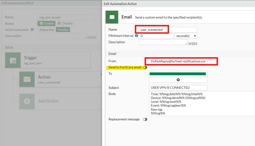 Nuovo indirizzo email mittente DoNotReply fortinet notifications com in FortiOS 7.4.
Schermata Edit Automation Action su FortiGate con l'opzione Send to FortiCare email da disattivare.