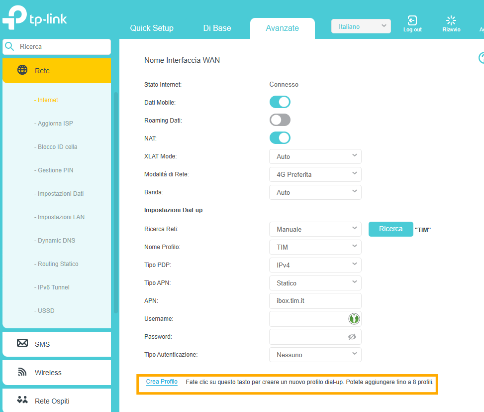 Schermata di configurazione e creazione di un nuovo profilo APN TIM sul router TP-Link