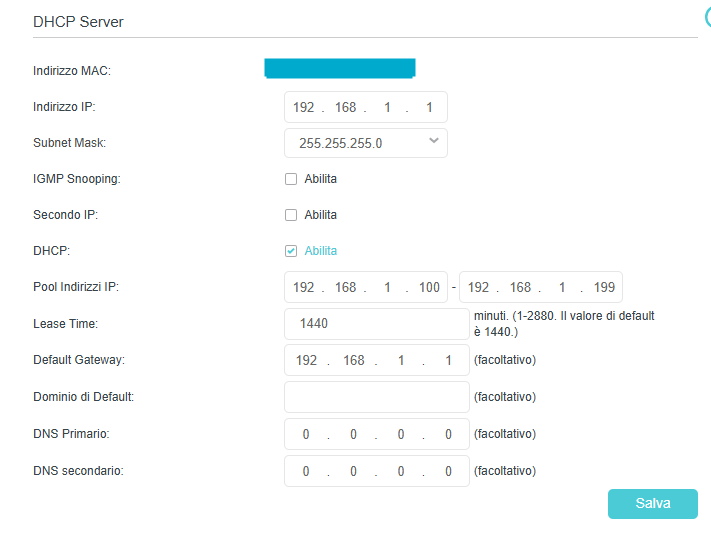 Schermata delle impostazioni del server DHCP sul router TP-Link con configurazione del pool di indirizzi IP e del lease time