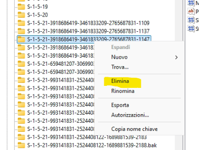 Menu contestuale del tasto destro sulla chiave SID nel registro di sistema con evidenziata la voce Elimina
