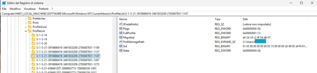 Editor del Registro di sistema di Windows nel percorso ProfileList con i dettagli della stringa ProfileImagePath