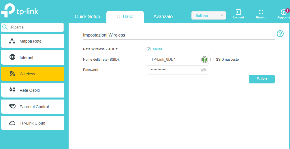 Schermata delle impostazioni wireless del router TP-Link per modificare il nome della rete SSID e la password Wi-Fi