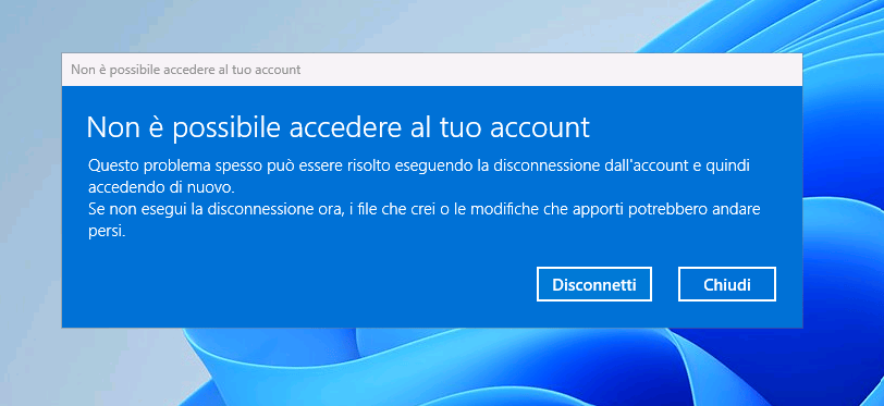 Schermata di errore azzurra di Windows con messaggio Non è possibile accedere al tuo account