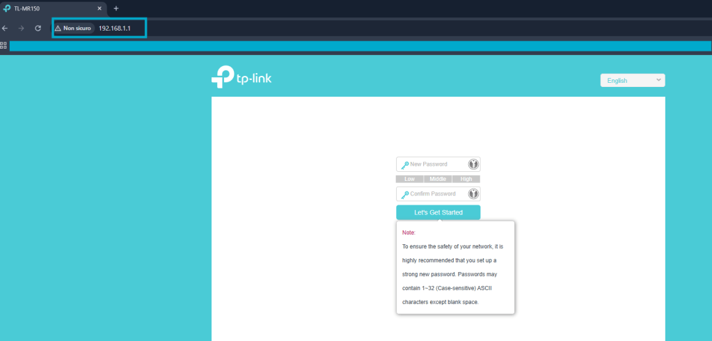 Schermata Let's Get Started del router TP-Link TL-MR150 per l'impostazione della nuova password di amministrazione